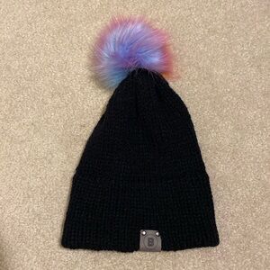 Black Beanie Knit Hat w/Colorful Pastel Pom-Pom
